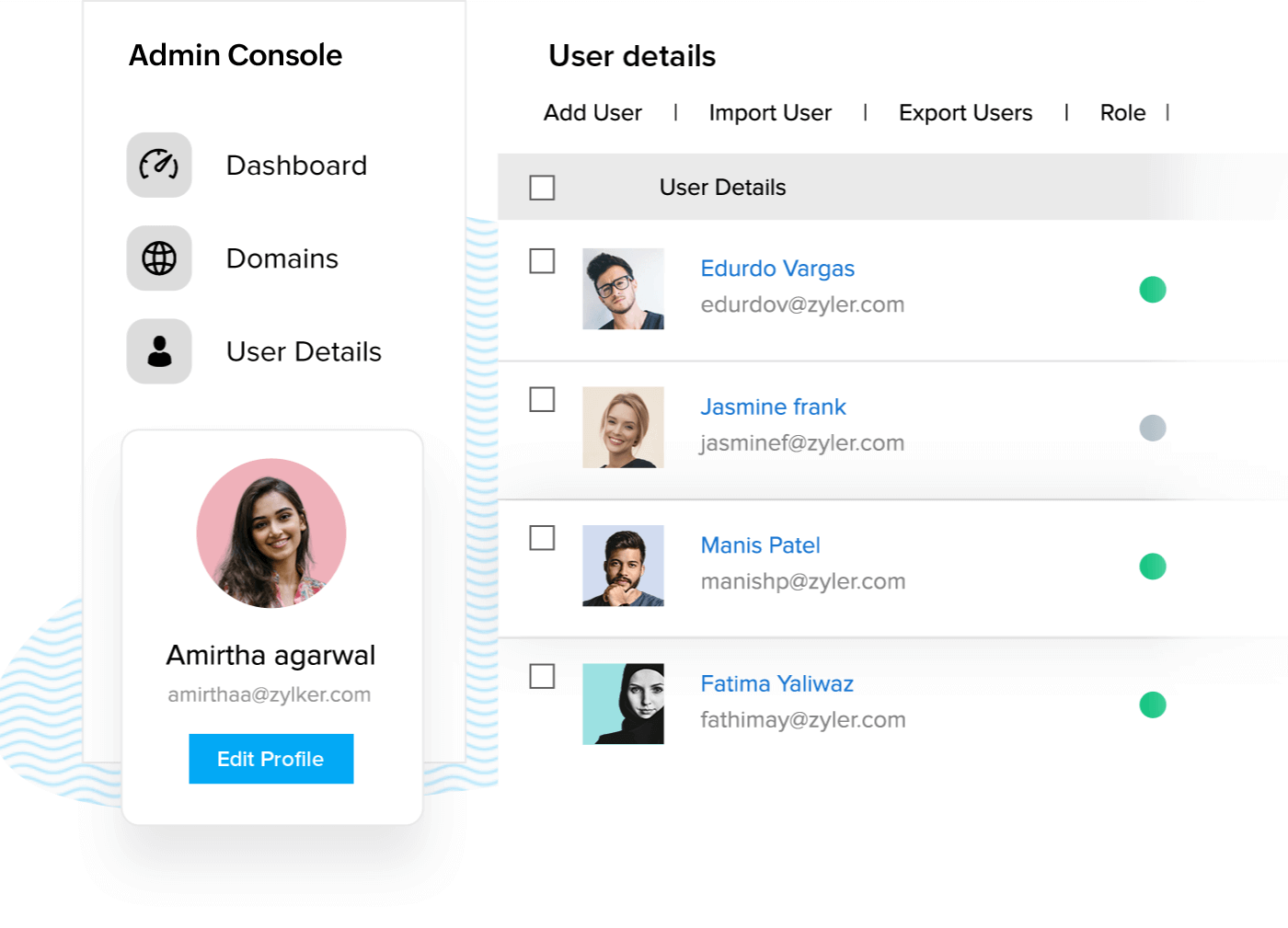 Consola de administración de Zoho Mail con la lista de usuarios